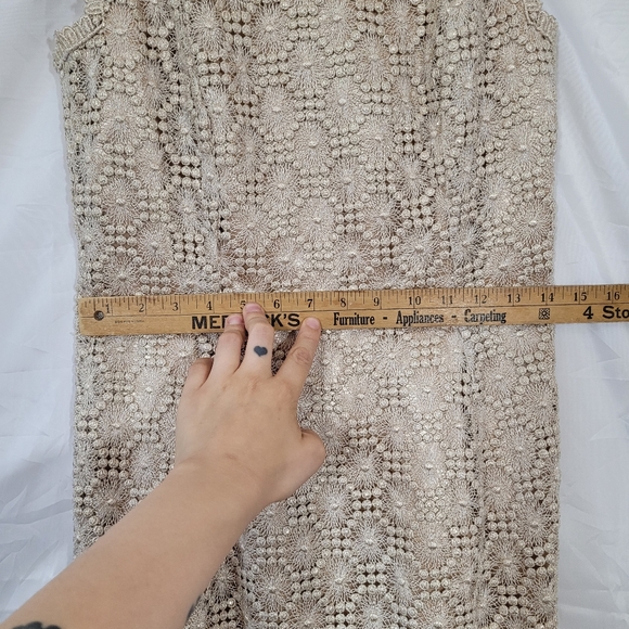 Vintage nude gold metallic thread embroidery crochet knit maxi formal dress - Picture 14 of 15
